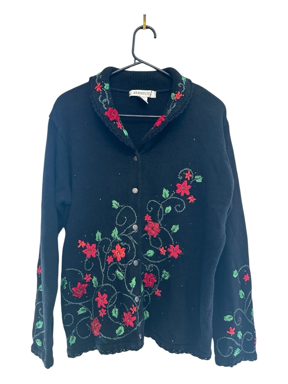 Vintage 90’s/Y2K Arriviste Black Cardigan w/ Red & Green Floral Embroidery Large